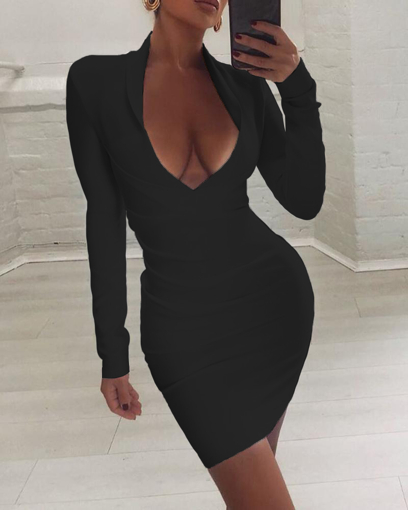 

Solid Long Sleeve Plunge Ruched Bodycon Women Dress, Black