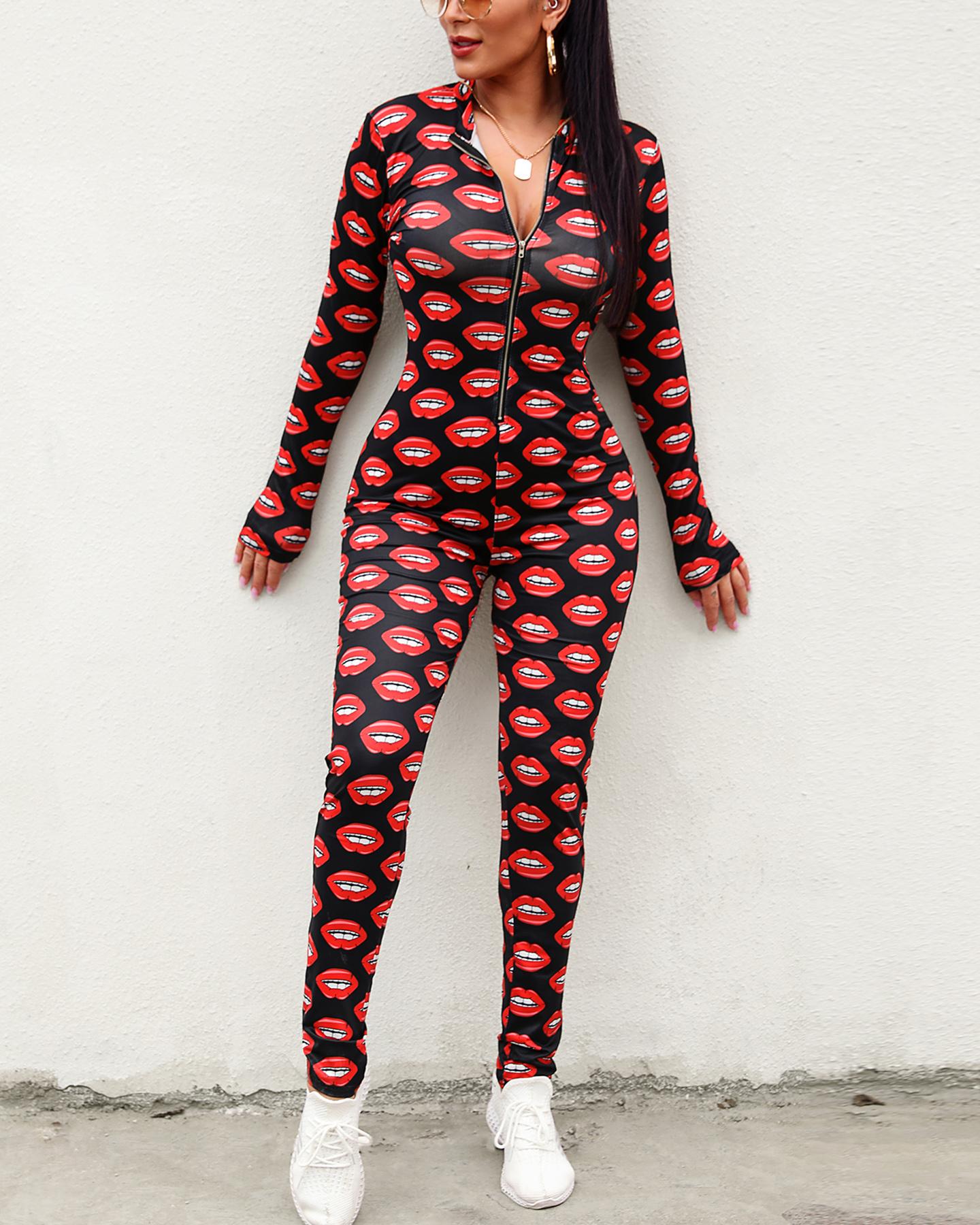 

Print Long Sleeve Zipper Design Jumpsuit, Black