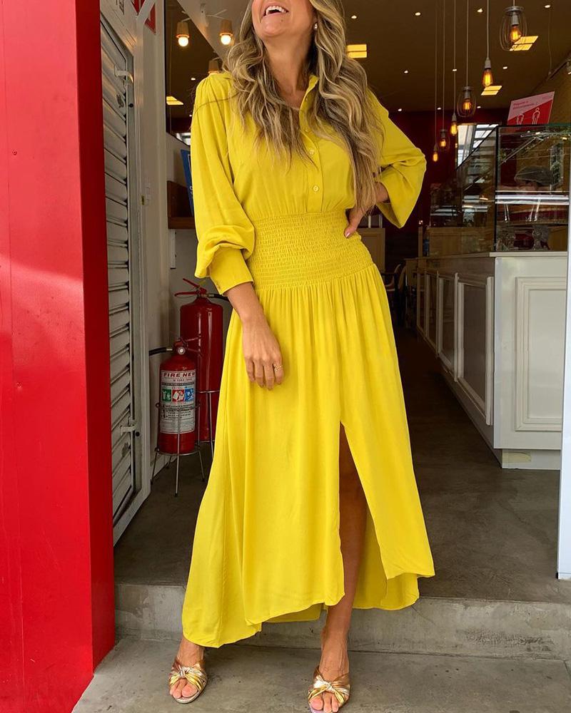 

Long Sleeve Slit Plain Shirt Dress, Yellow