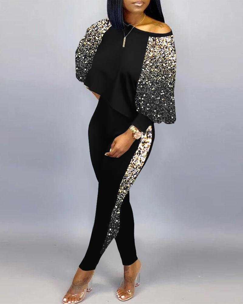 

Long Sleeve Casual Print Top & Pants Set, Black