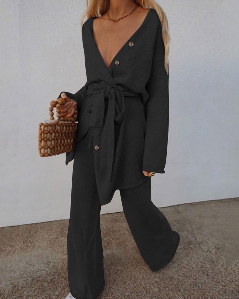 

Buttoned Knit Cardigan & Wide Leg Pants Set, Black