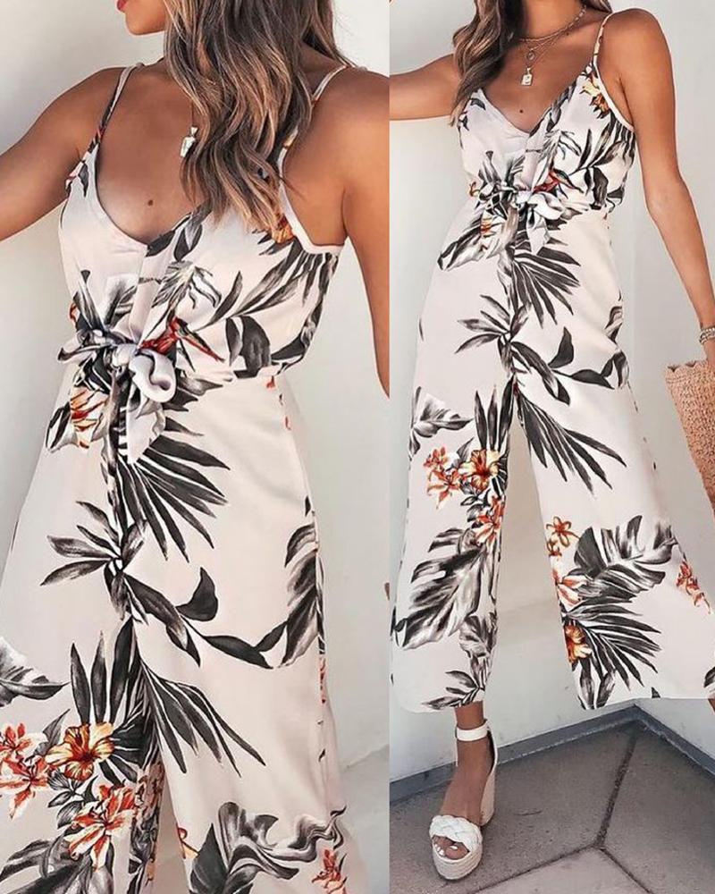 

Leaf Print Tie Front Casual Jumpsuit, White