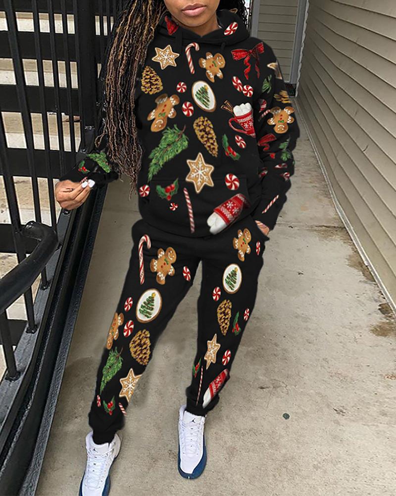 

Christmas Print Hooded Top & Pants Set, Black