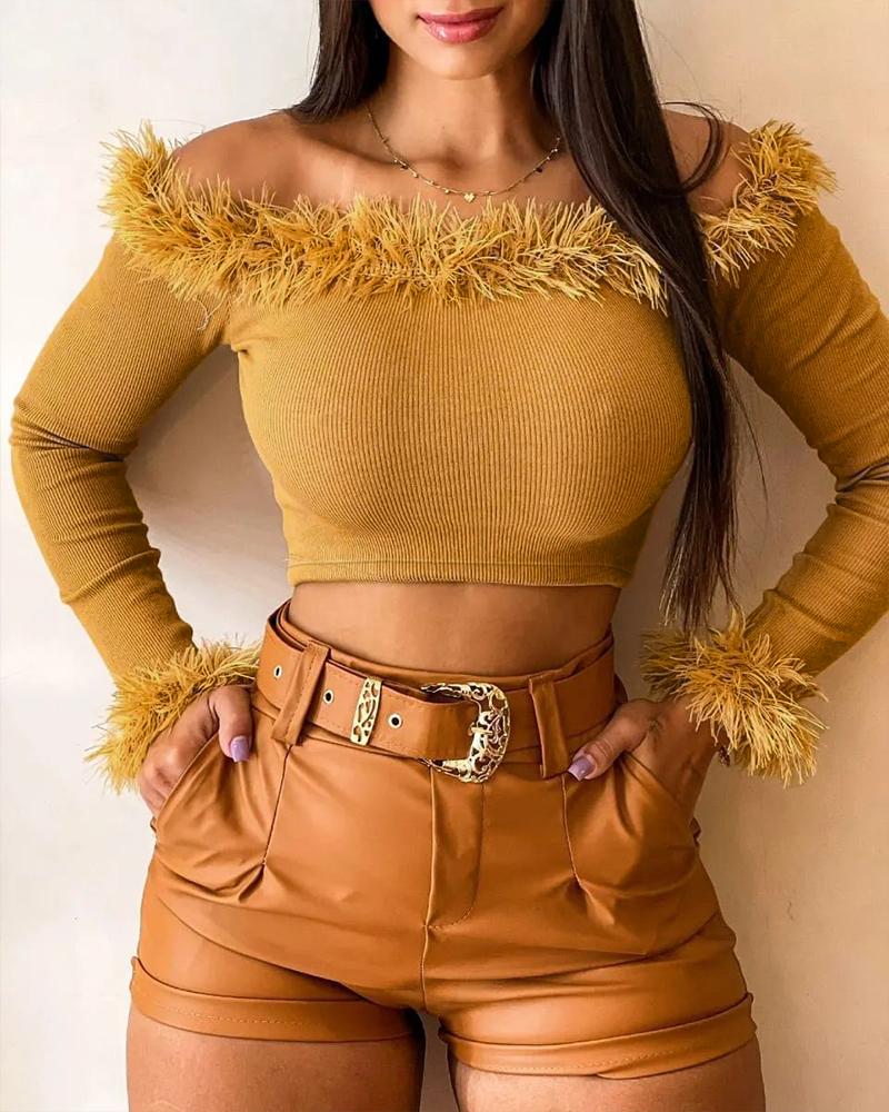 

Feather Trim Off Shoulder Crop Top & Shorts Set With Belt, Brown