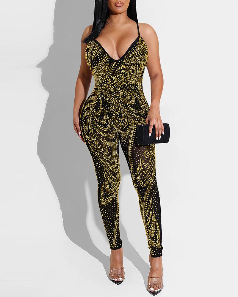 

Rhinestone Decor Sleeveless Zipper Back Jumpsuit, Gold