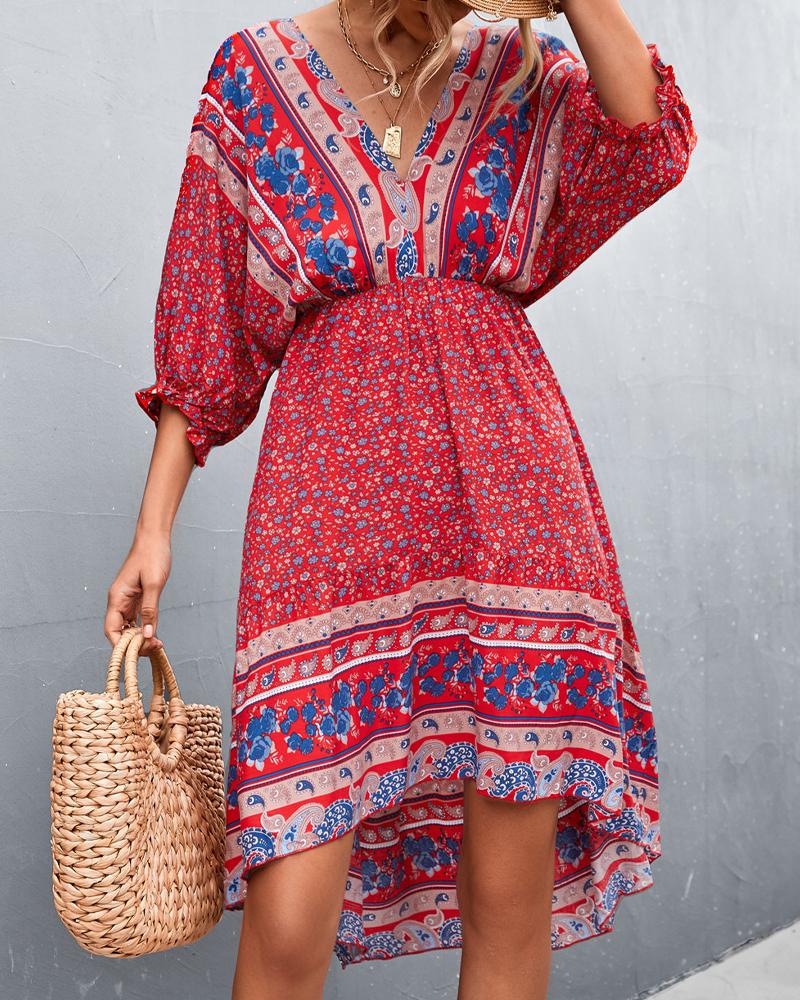 

Paisley Ditsy Floral Print Dip Hem Casual Dress, Red