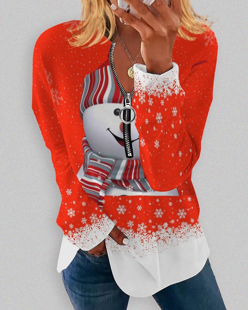 

Christmas Zipper Design Snowman Print Top, Red