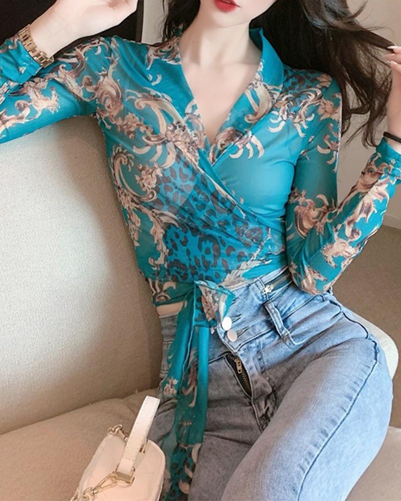 

Baroque Leopard Print Wrap Tie Mesh Top, Blue