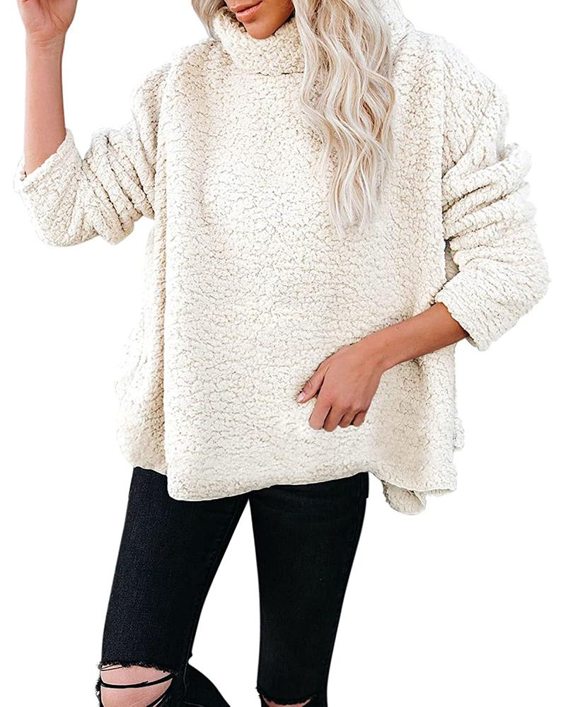 

Long Sleeve High Neck Fleece Fuzzy Coat, White