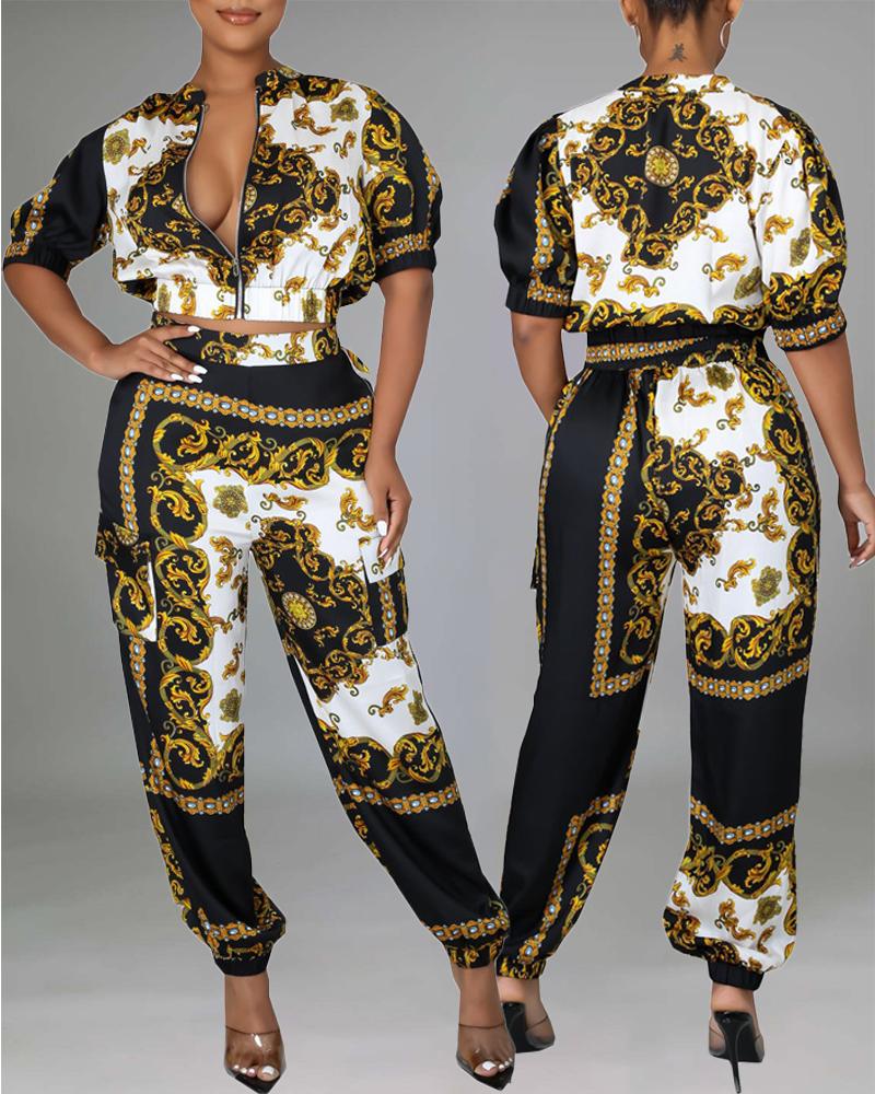 

Baroque Print Zip Up Crop Top & Pants Set, Black