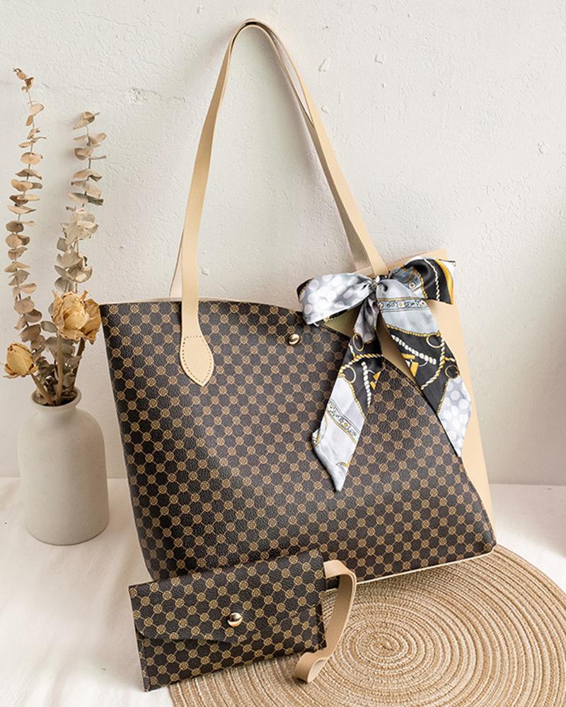 

Graphic Print Scarf Decor Tote Bag With Inner Pouch Purse, Coffee