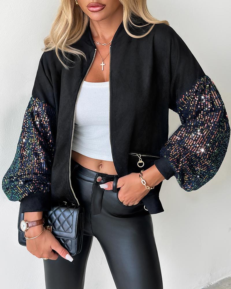 

Veste à paillettes contrastées, manteau décontracté à manches longues avec fermeture éclair et poches, Black