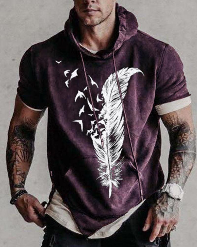 

Feather Print Short Sleeve Loose Hooded Sweatshirts, Purple