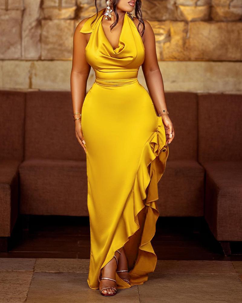 

Halter Cowl Neck Ruffles Slit Backless Party Dress, Yellow