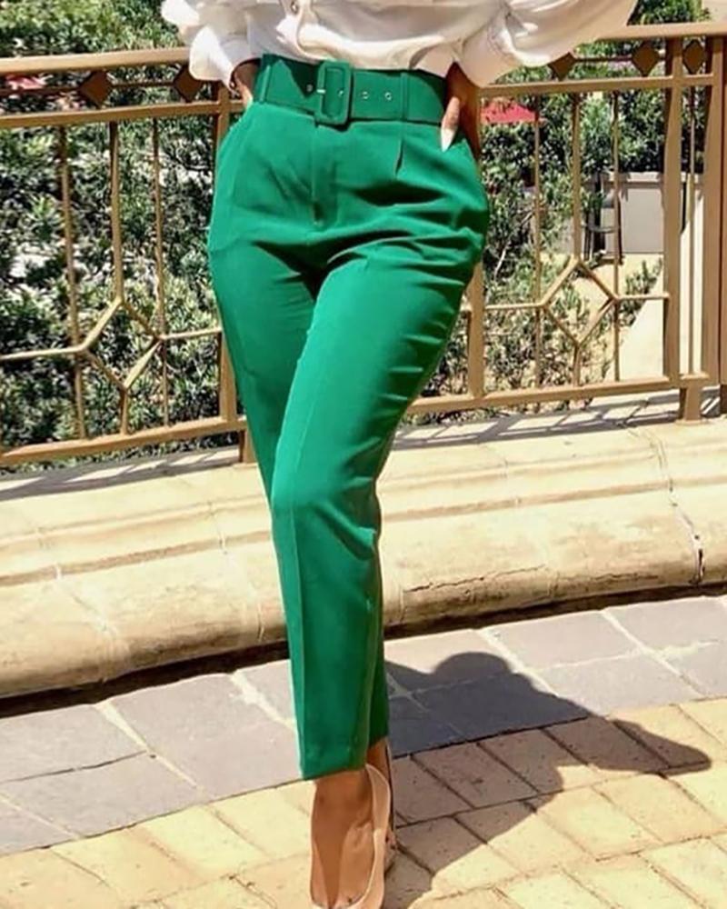 

Pocket Design Solid Tailored Pants, Green