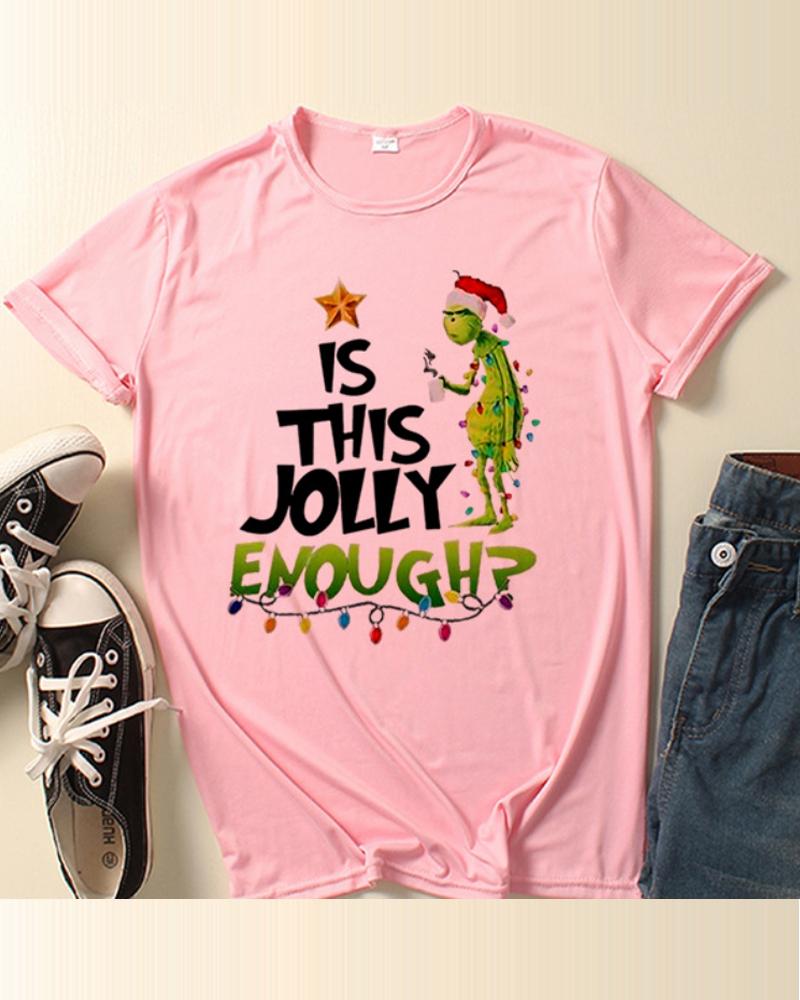 

Christmas Grinch Letter Print T-shirt, Pink