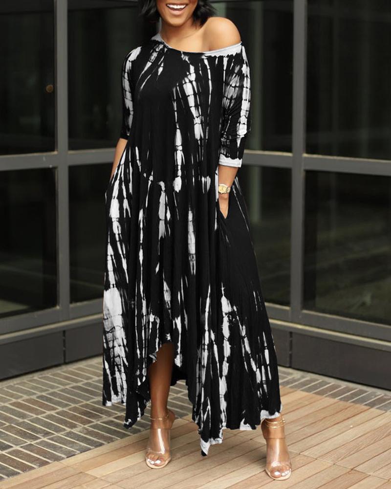 

Wide Collar Slit Tie Dyed Maxi Dress With Pocket, Black