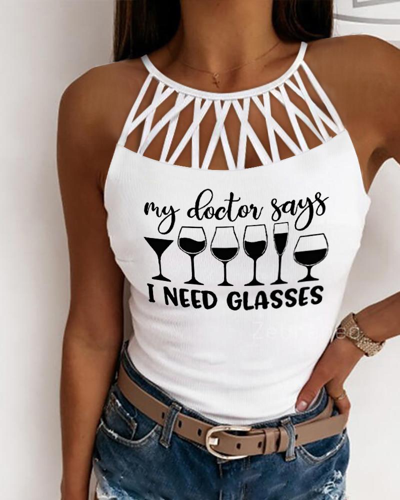 

Wine Glass Letter Print Hollow Out Ribbed Tank Top, White