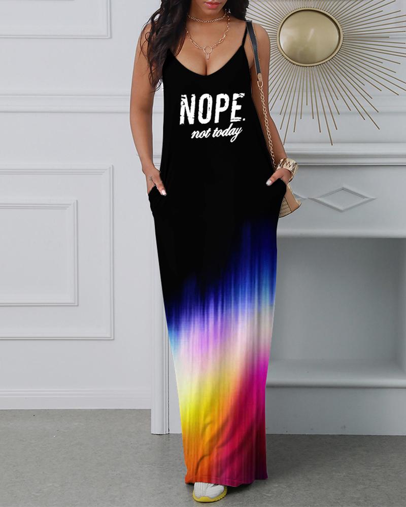 

Gradient Color Letter Print Casual Spaghetti Strap Maxi Dress, Black