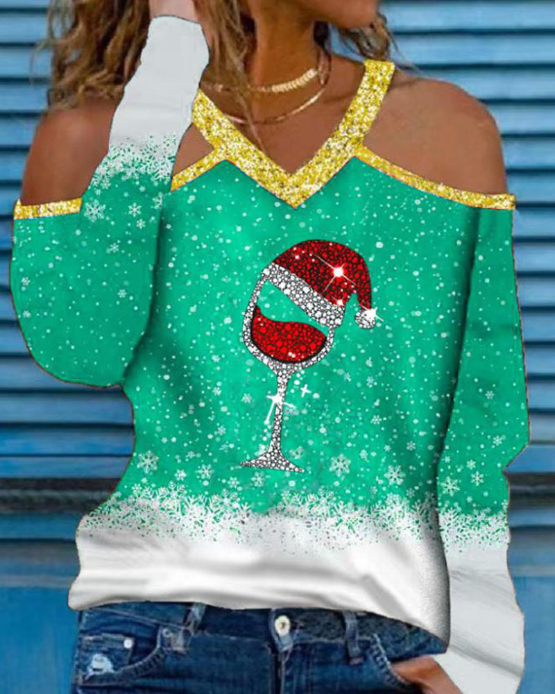 

Christmas Snowflake Wine Glass Print Cold Shoulder Top, Green