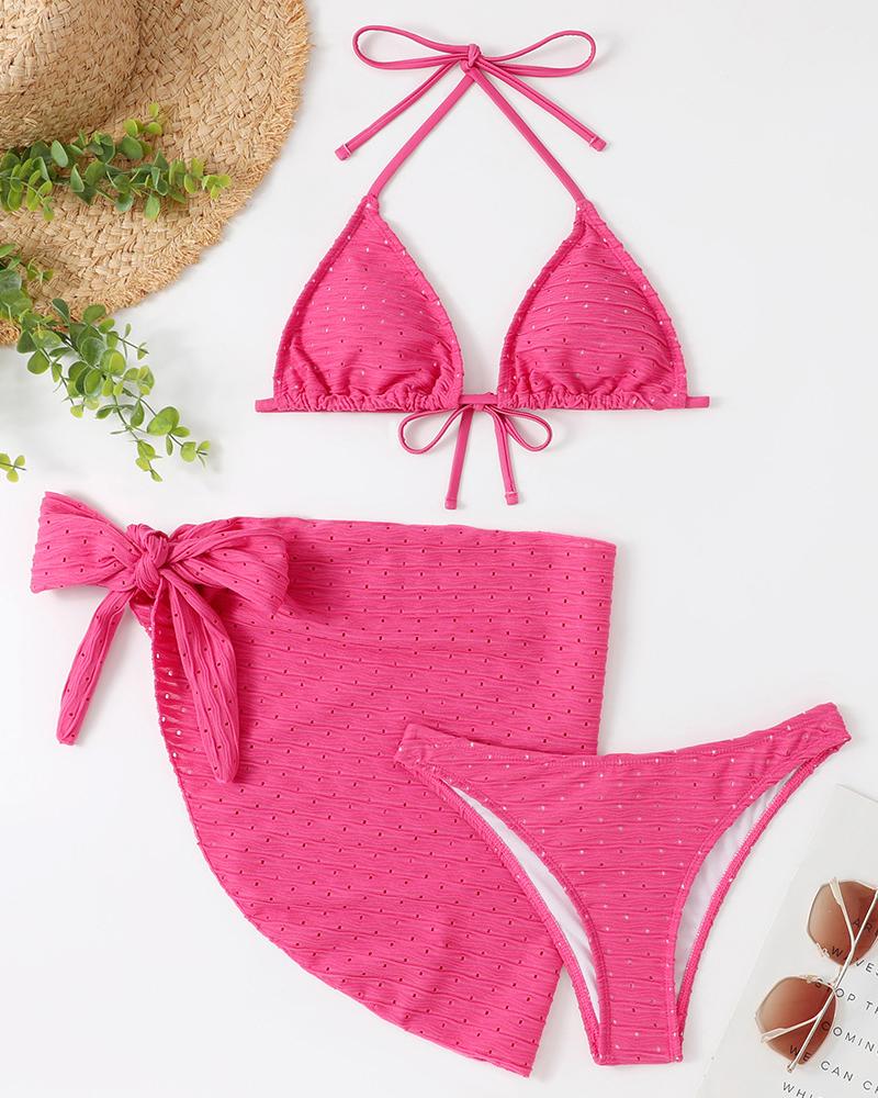 

3PCS Hollow Out Drawstring Textured Bikini Set With Cover Up, Hot pink