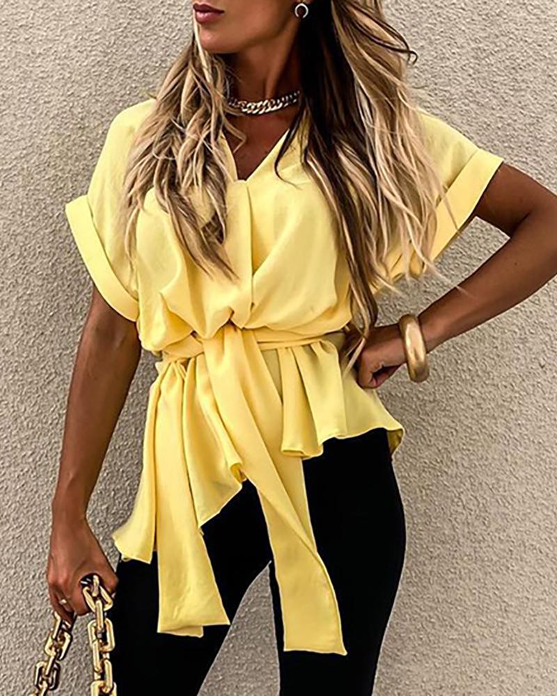 

V-Neck Tie Front Short Sleeve Casual Top, Yellow