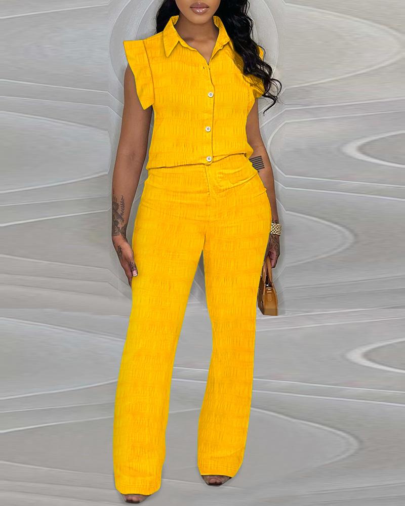 

Flutter Sleeve Textured Top & Pants Set, Yellow