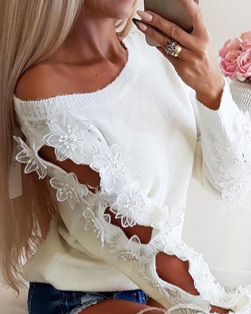 

Floral Pattern Fluffy Cutout Long Sleeve Sweater, White