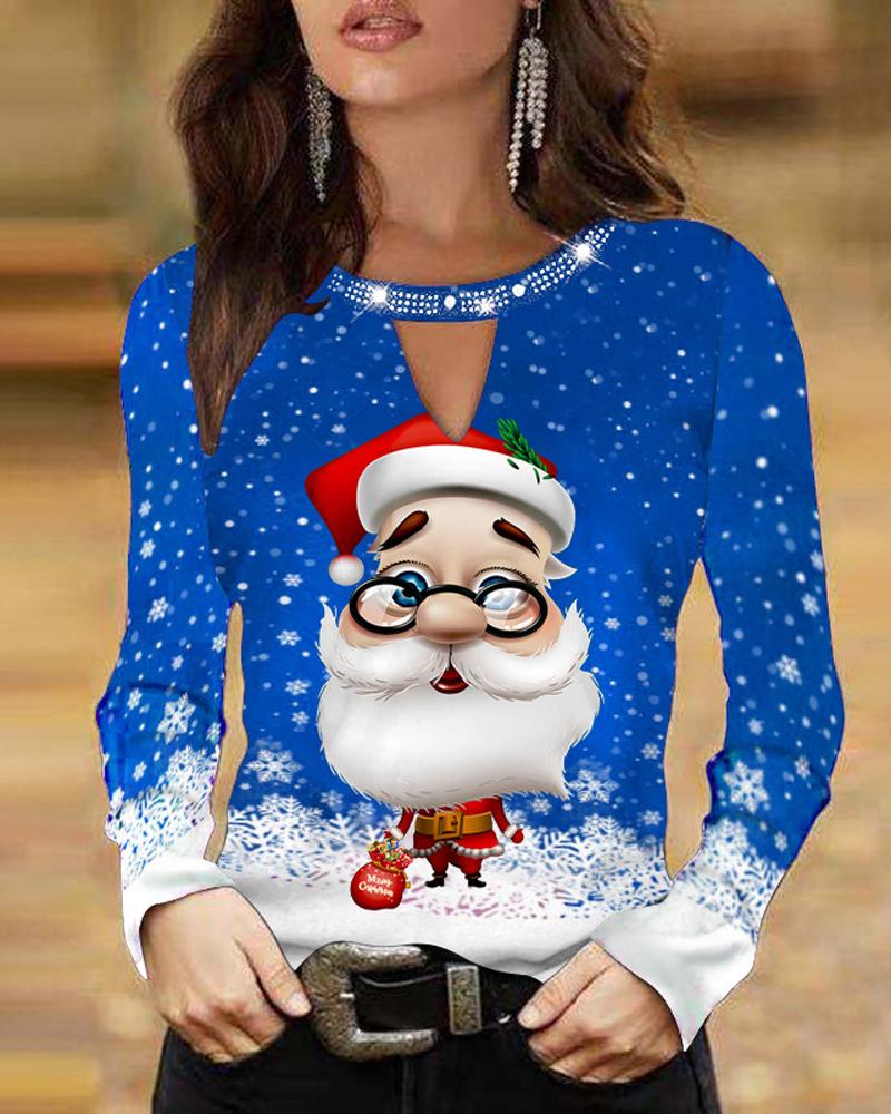 

Christmas Santa Claus Snowflake Print Long Sleeve Top Christmas Print Casaul Shirt, Blue