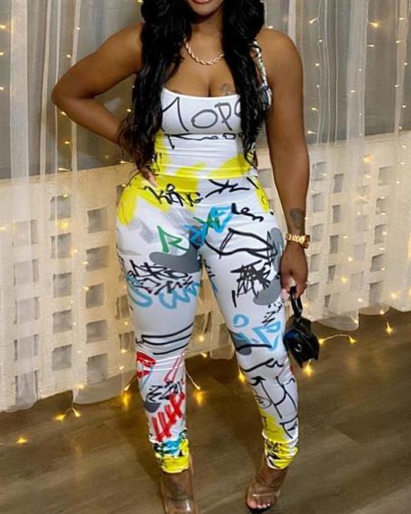 

Abstract Print Crisscross Backless Jumpsuit, White