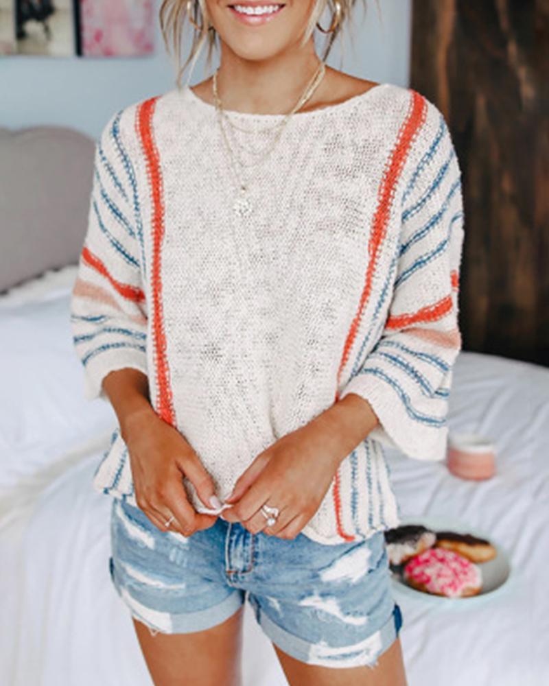 

Colorblock Striped Knitted Long Bell Sleeve Sweater, White