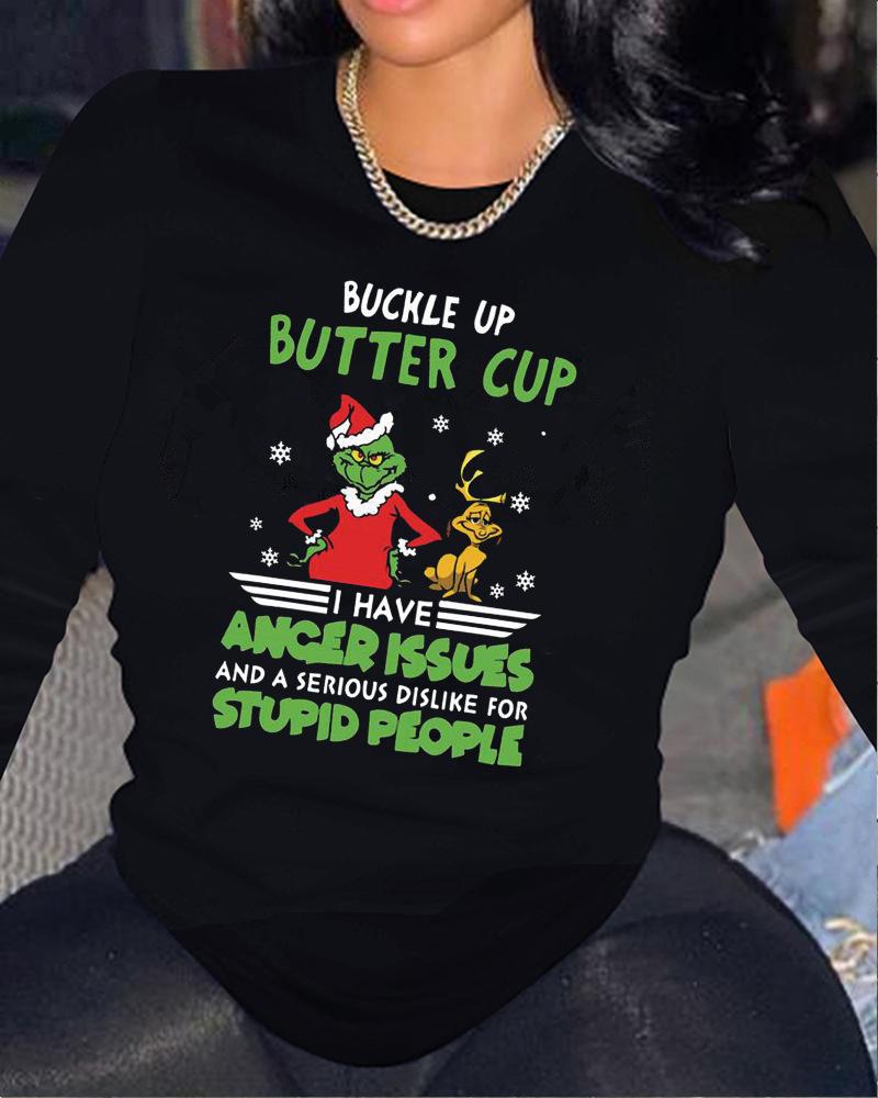 

Plus Size Grinch Stole Christmas Print Long Sleeve Top, Black