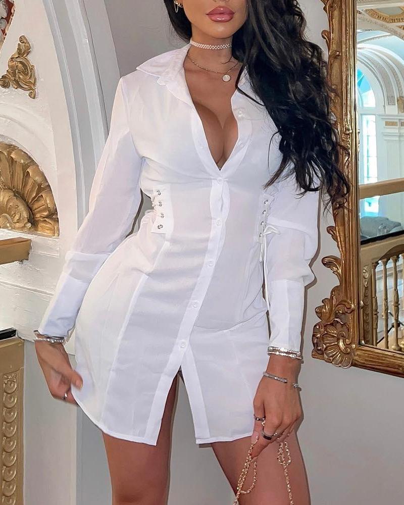 

Eyelet Lace Up Button Front Ruched Shirt Dress, White