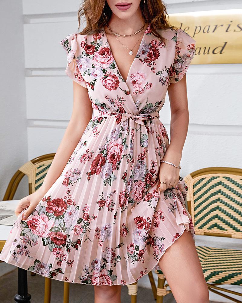 

Floral Print Pleated Belted Wrap Dress, Pink
