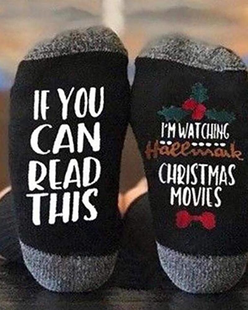 

Christmas Letter Print Colorblock Socks, Black