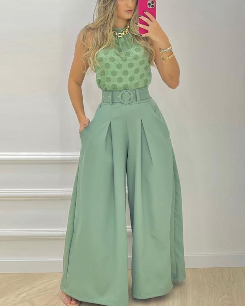 

Polka Dot Halter Backless Top & Wide Leg Pants Set, Green