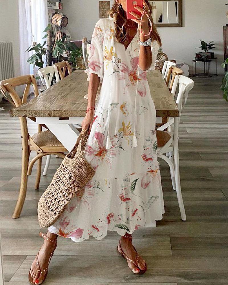 

Floral Print Ruffle Hem Maxi Dress, White
