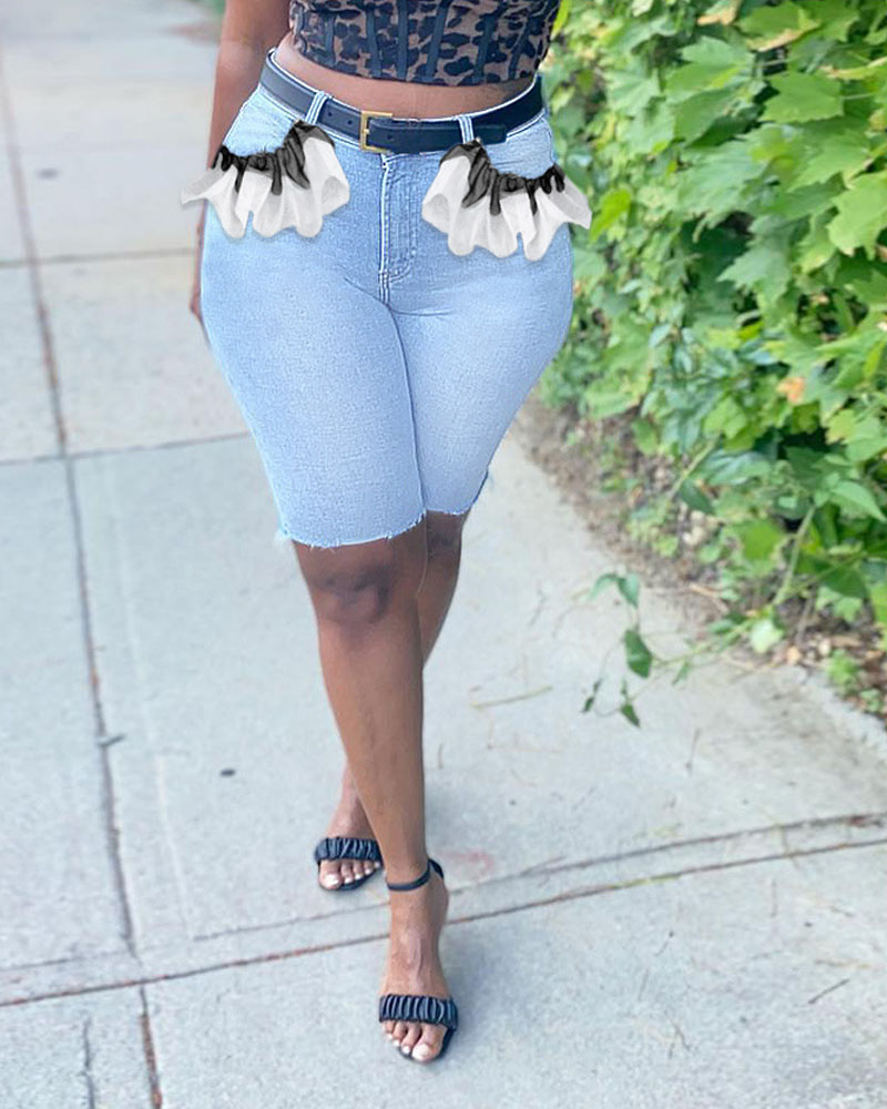 

Zipper Fly Contrast Lace Denim Shorts, Lighted blue