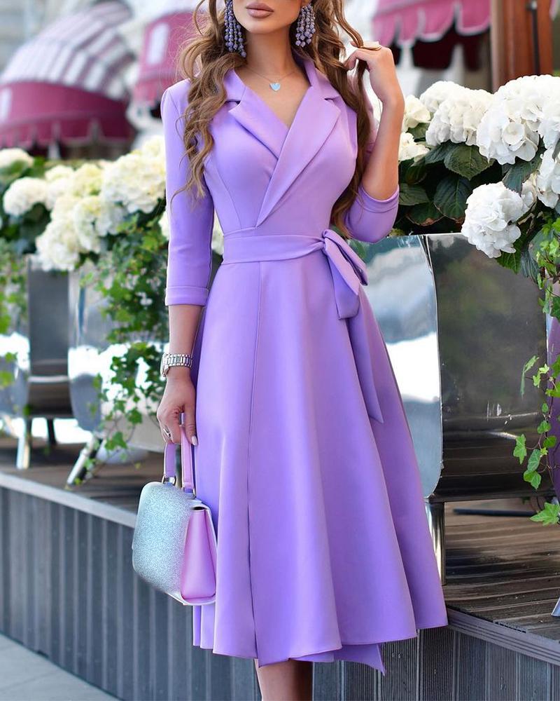 

Long Sleeve Tied Detail Flared Dress, Purple