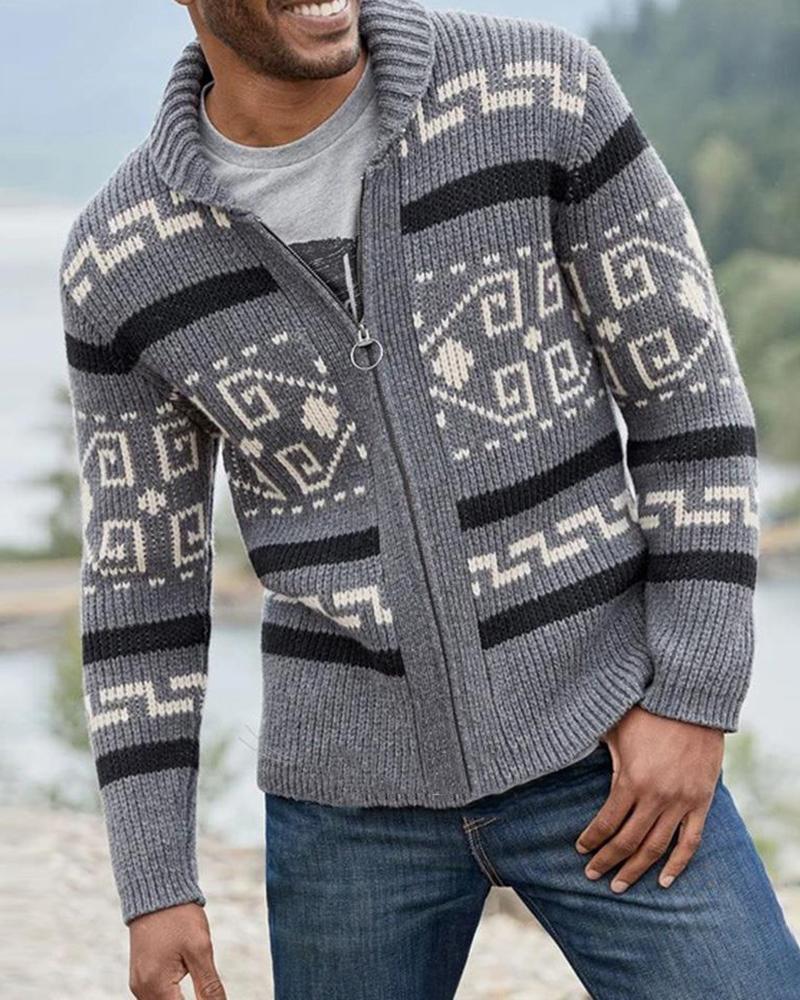 

Men Colorblock Zipper Design Long Sleeve Knit Cardigan, Gray