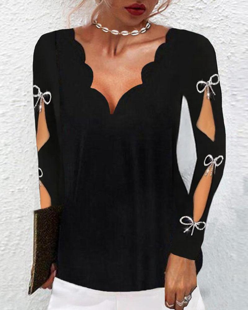 

Bowknot Decor Scallop Trim Long Sleeve Top, Black