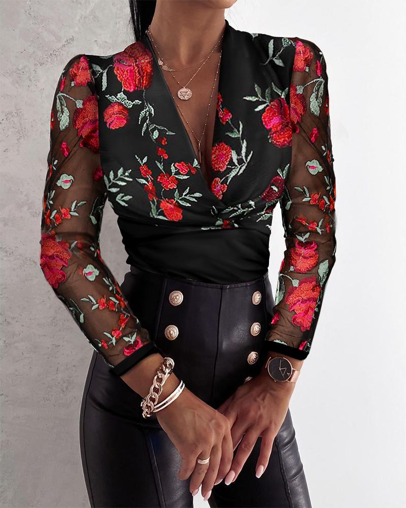 

Floral Embroidery Sheer Mesh Long Sleeve Top, Black