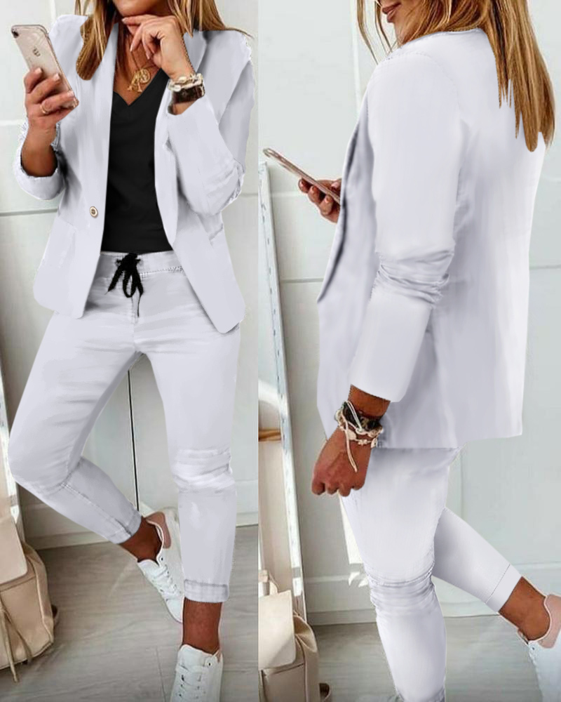 

Lapel Neck Blazer Coat & Drawstring Pants Set, White