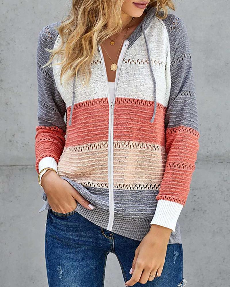 

Colorblock Zipper Hollow Out Casual Coat, Orange