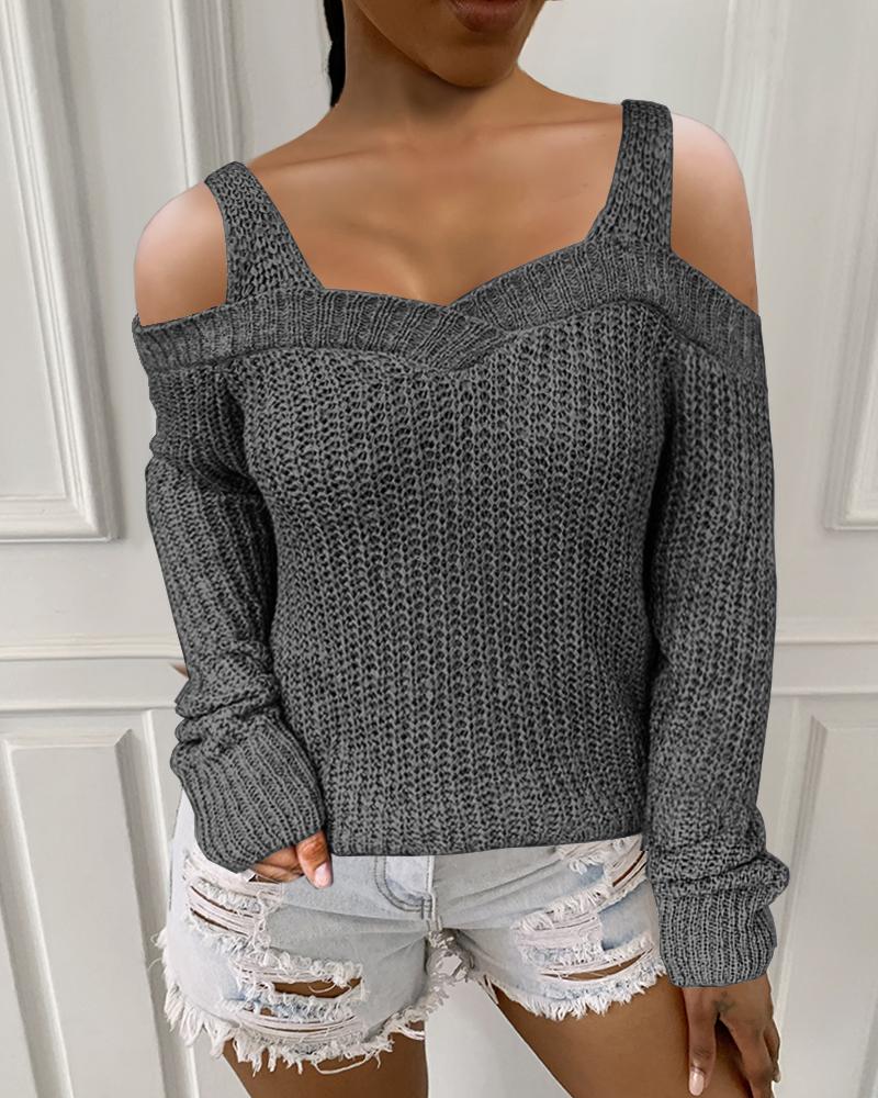 

Plain Long Sleeve Cold Shoulder Sweater, Dark grey