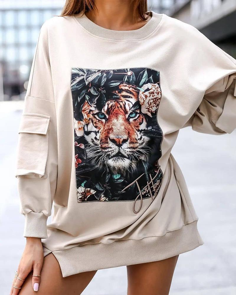 

Tiger Print Split Hem Pocket Sweatshirt, Apricot