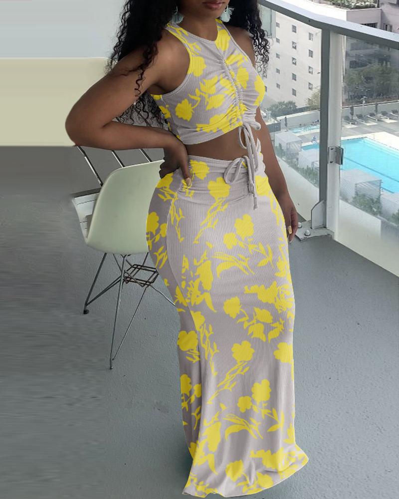 

Ribbed Floral Print Drawstring Crop Top & Skirt Set, Apricot