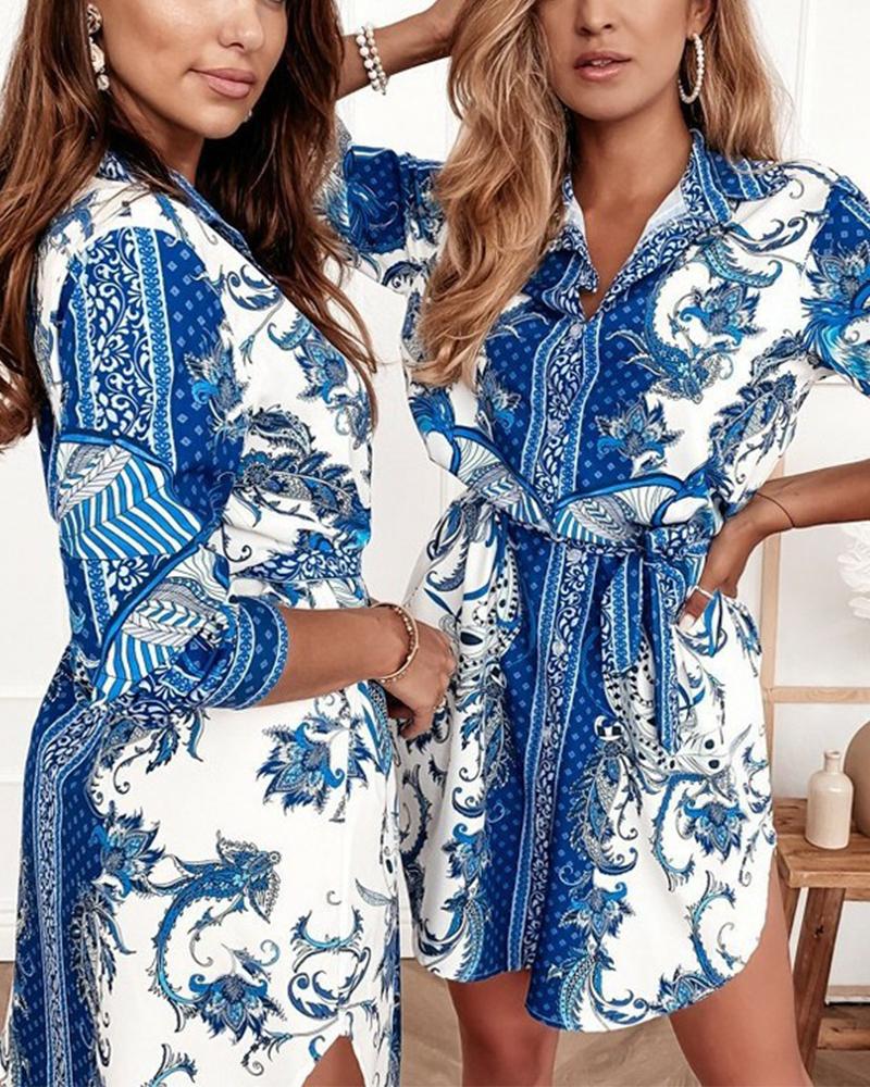 

Floral Print Button Up Belted Shirt Dress, Blue