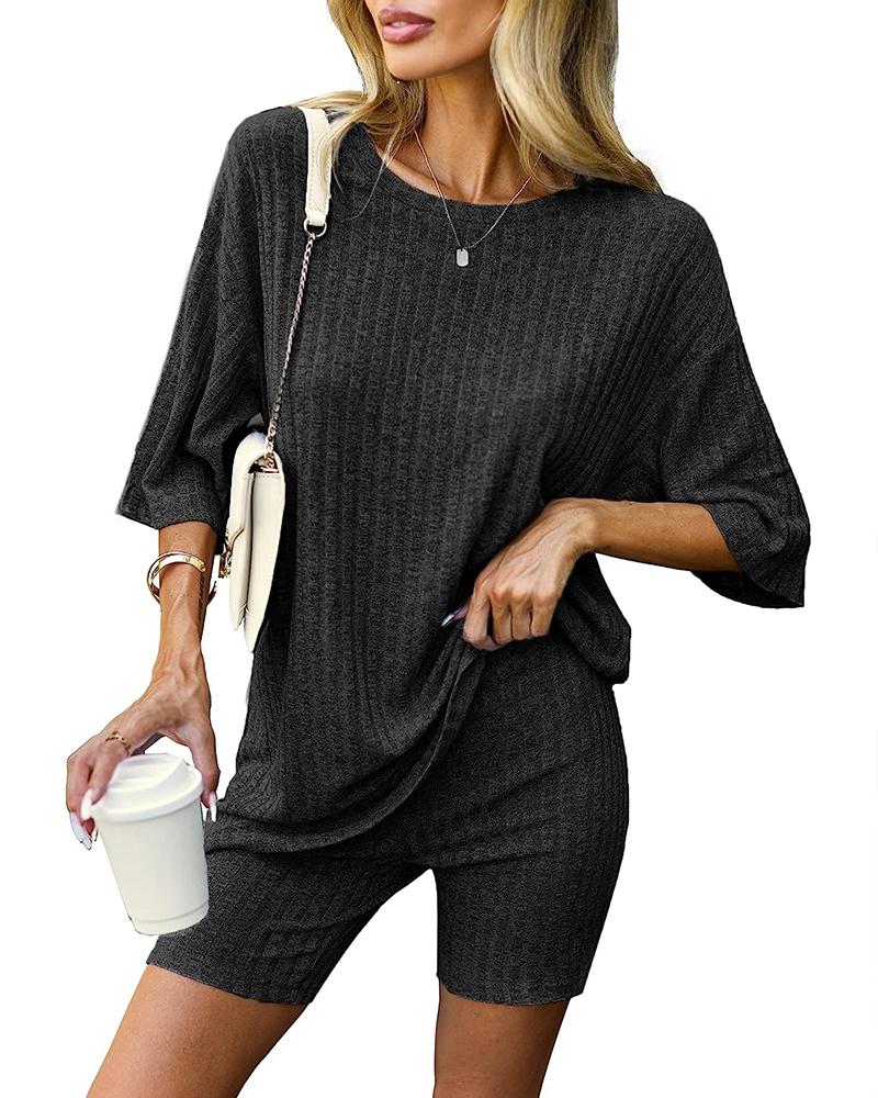 

Ribbed Round Neck Top & Shorts Set, Black