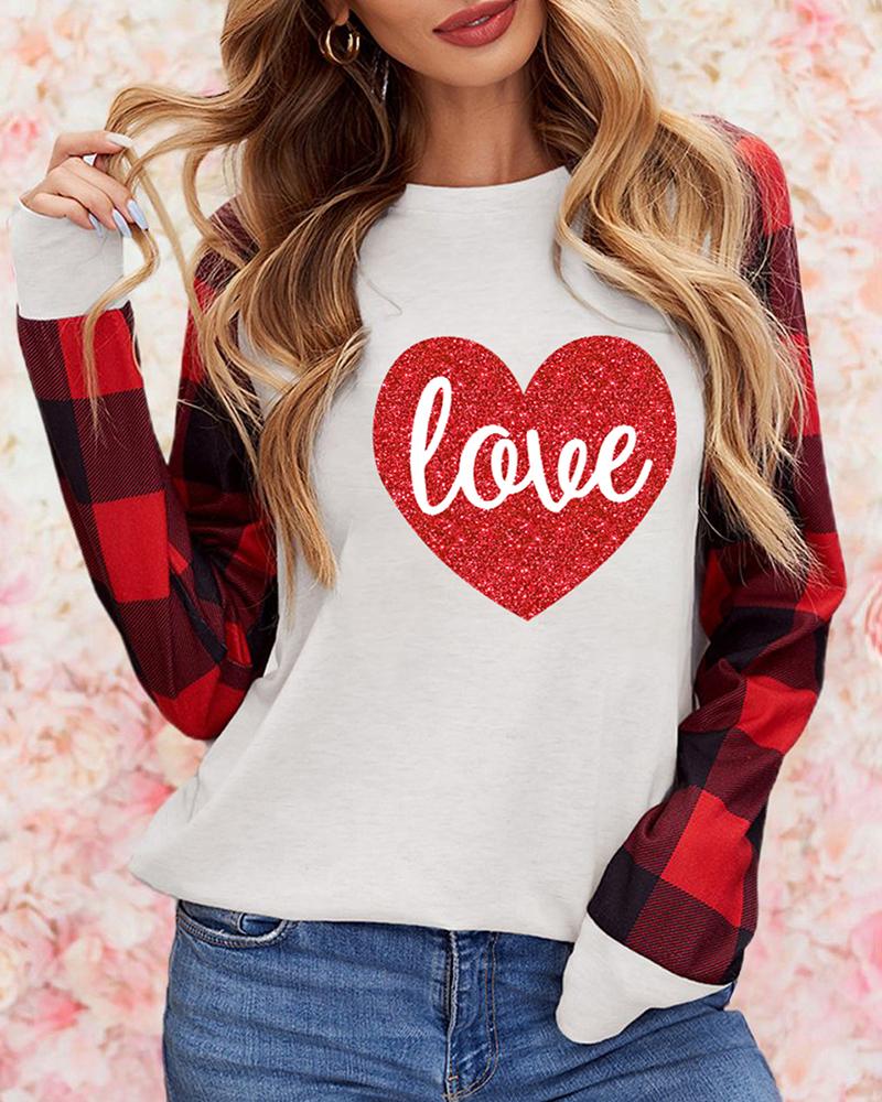 

Plaid Heart Letter Print Long Sleeve Top, White